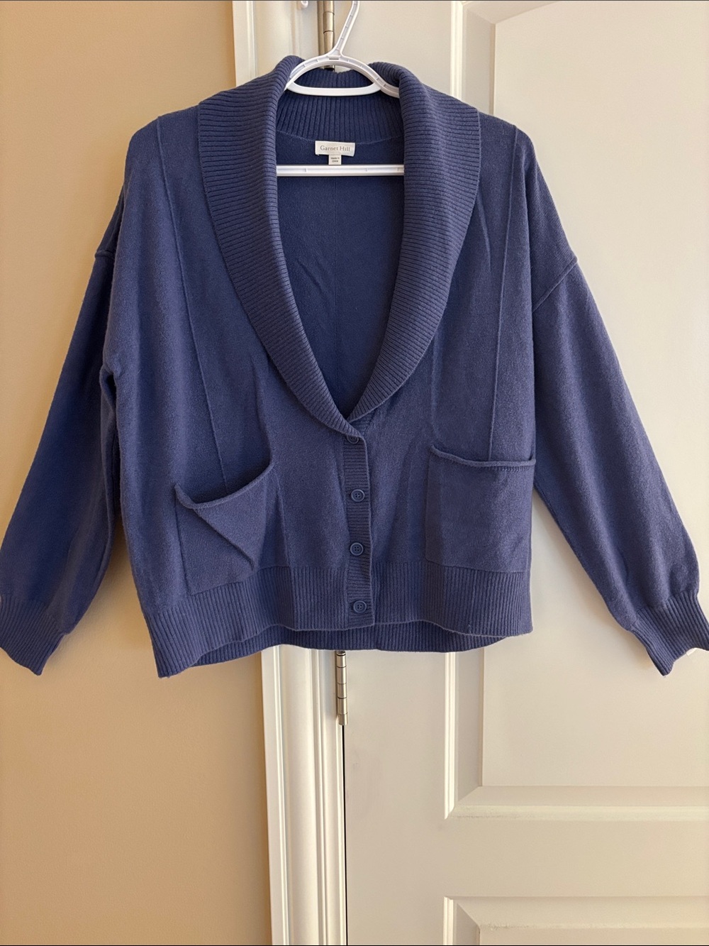 Garnet Hill Blue Shawl Collar Cropped Cardigan Sweater Size Medium